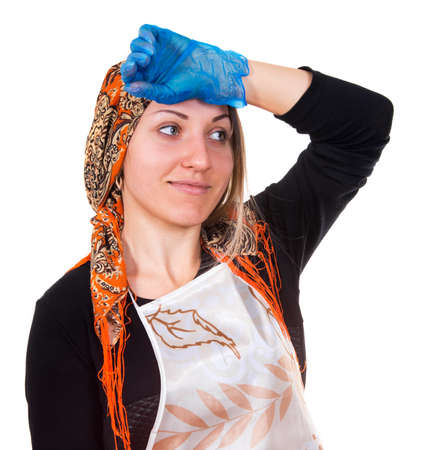 tired housewife  on the white surfaceの写真素材