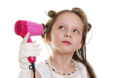 pretty girl portrait with dryer ,retro styleの写真素材