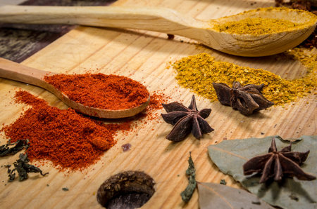Spices on the wooden spoons