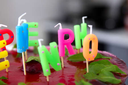 Birthday cake with cherries closeupの写真素材