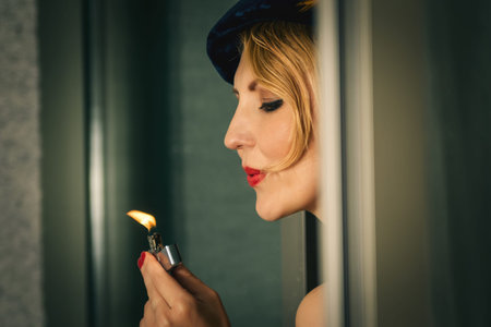 Vintage woman portrait with lighter