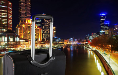 Suitcase with Melbourne city. Travel conceptの写真素材