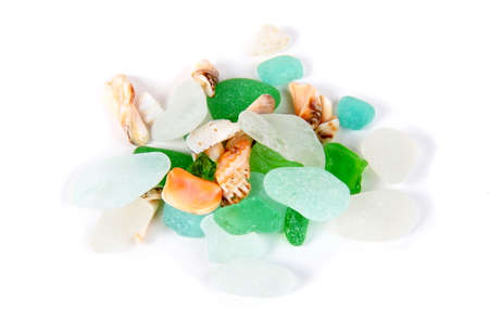 Sea finds. Sea glass and shells on whiteの写真素材
