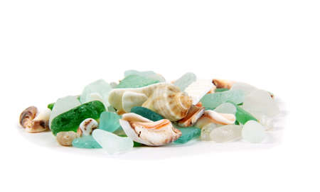 Sea finds. Sea glass and shells on whiteの写真素材