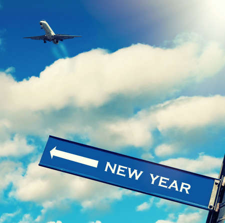 travel sign on sky,New year signの写真素材