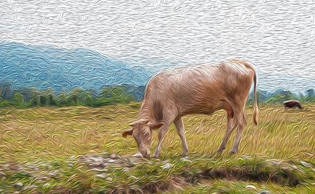 Digital oil painting of cows in the field の写真素材