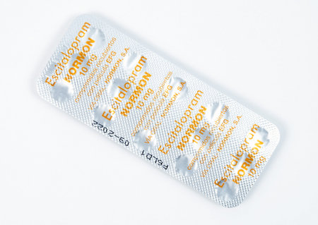 TBILISI, GEORGIA- April 18, 2020: Escitalopram antidepressant medicine pills closeup