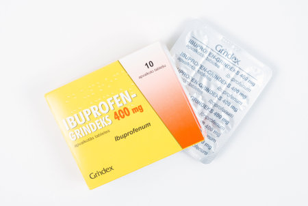 TBILISI, GEORGIA- April 18, 2020: Ibuprofen pain killer medicine pills closeupのeditorial素材