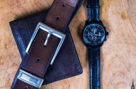 Business wristwatch on the wooden tableの写真素材