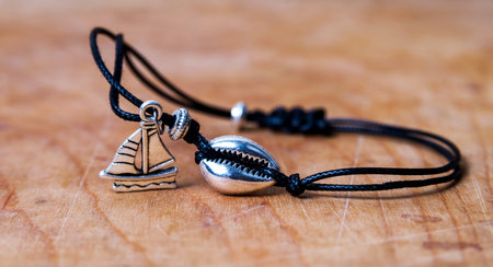 Bead bracelet on the wooden tableの写真素材