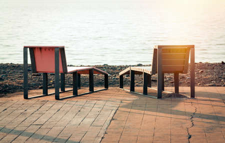 Lounger beds at the beachの写真素材