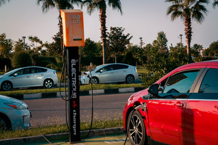 Batumi. Georgia- October 11, 2020: Charging the electrical cars in the cty