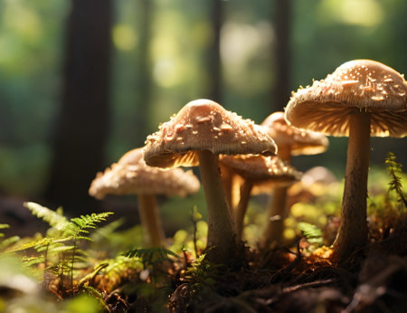 Growing mushrooms closeup in forestの素材