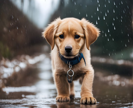 Stray dog puppy outdoors in rainの素材