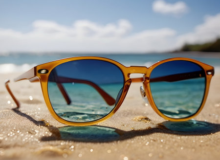 Sunglasses closeup at the beachの素材