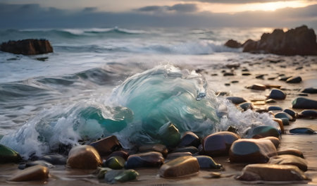 Sea waves crashing at the beachの素材