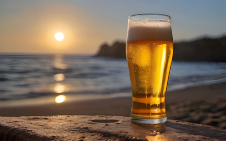 Glass of beer at the beachの素材