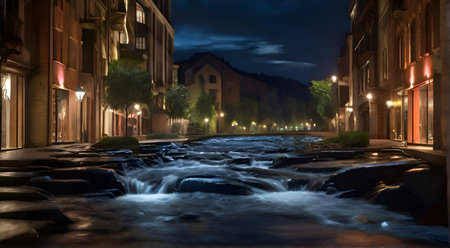 Flowing water stream at nightの素材