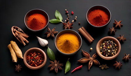 Various spices on dark backgroundの素材