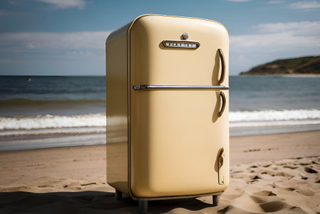 Retro vintage refrigerator on the beachの素材