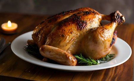 Whole roasted chicken on the tableの素材