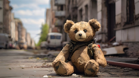 Teddy bear children toy in the streets of war townの素材