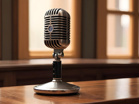 Old vintage microphone on tableの素材