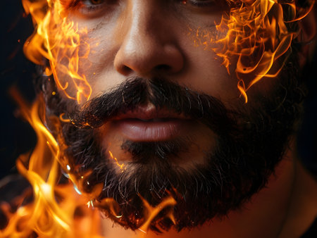 Handsome bearded man on fireの素材