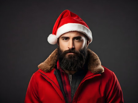 Bearded man with the Santa hatの素材