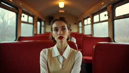 Vintage retro woman in the trainの素材