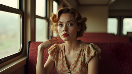 Vintage retro woman in the trainの素材