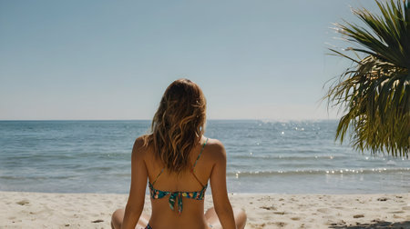 Cute elegant woman at beachの素材