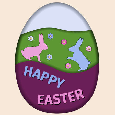 Happy Easter Day Greeting card illustration vector. Rabbit and Easter eggs in composition.のイラスト素材