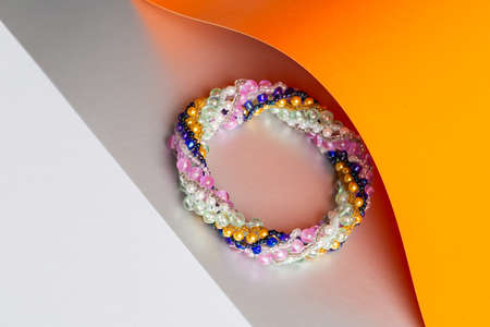 Bookmark for a book made of beads. Bead decoration. Handmade work. Read a book.の写真素材