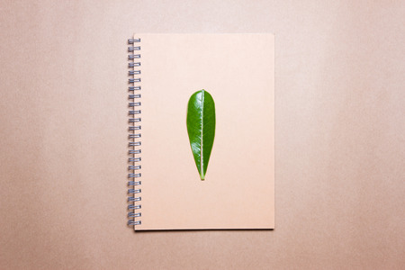 leaf on notebook on a brown paper. View from above.の写真素材