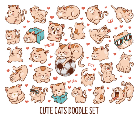 Hand drawn set of Cute Funny Cat doodles in Colors vectorのイラスト素材