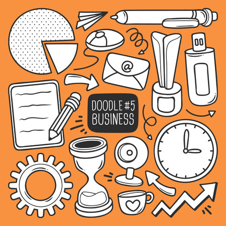 Set of doodle office supplies. Hand drawn vector illustration.のイラスト素材