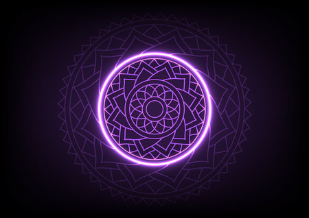 Abstract flower purple. neon light mandala. vintage asian flower background.のイラスト素材