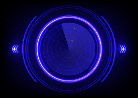 Futuristic scanner monitor. modern technology display. blue signal lens vector background.のイラスト素材