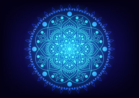 Mandala flower. Circle center light blue neon background. Vintage design.のイラスト素材