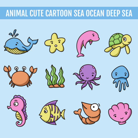 Animal cute cartoon sea ocean deep sea set. vector illustration.のイラスト素材