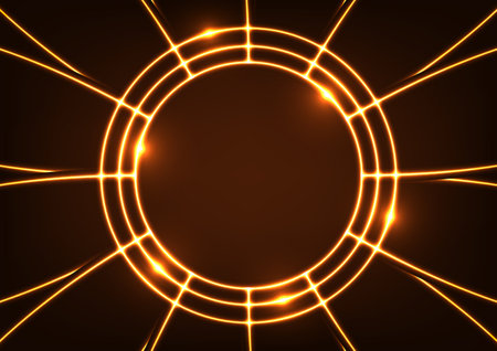 Yellow light len neon line circle gold geometric dark background. vector illustration.のイラスト素材