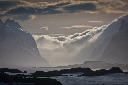 Mist over the mountains. Beautiful winter landscapeの写真素材
