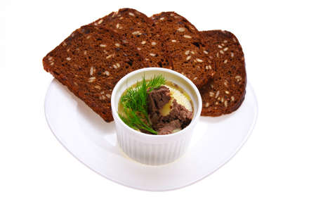 delicious pate with bread isolated on whiteの写真素材