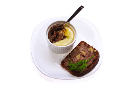 delicious pate with bread isolated on whiteの写真素材