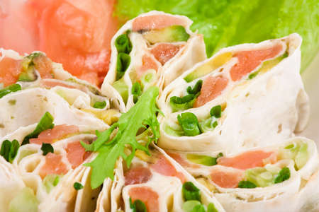 spring appetizer with salmon in pita breadの写真素材