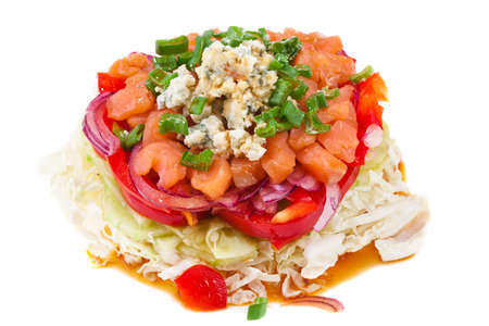 refined vegetable salad with blue cheese and salmonの写真素材