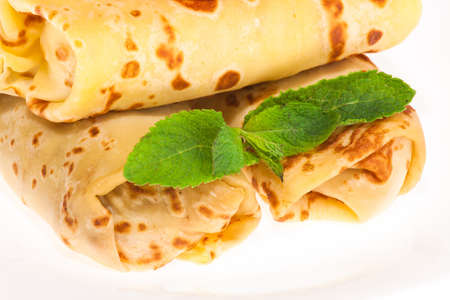sweet pancakes with strawberry and mintの写真素材