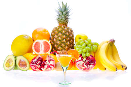 fresh juice of different ripe fruitsの写真素材