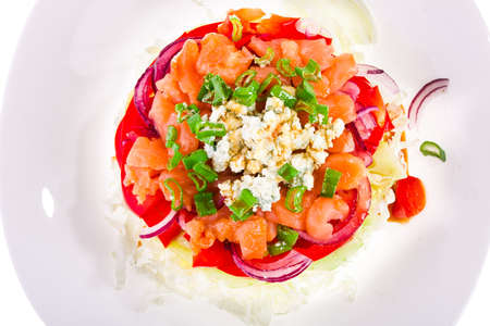 refined vegetable salad with blue cheese and salmonの写真素材